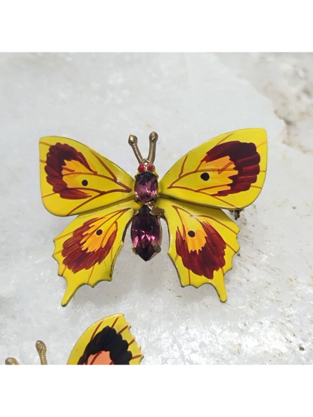 Vintage Czechoslovakia Enamel Rhinestone Butterfly Brooch Set Yellow Orange - Picture 2 of 9